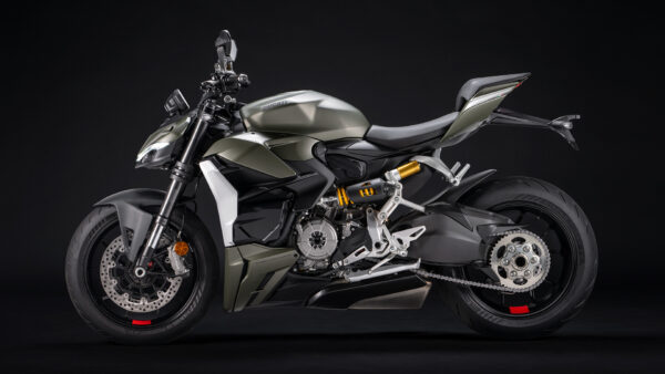 Ducati Streetfighter V2 Storm Grey left side with that cool shock