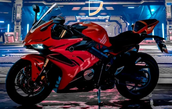 Voge RR660S 2025 Red with a videogame background apparently